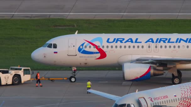 Sochi Russia August 2022 Passenger Plane Ural Airlines Towing Runway — Stock Video