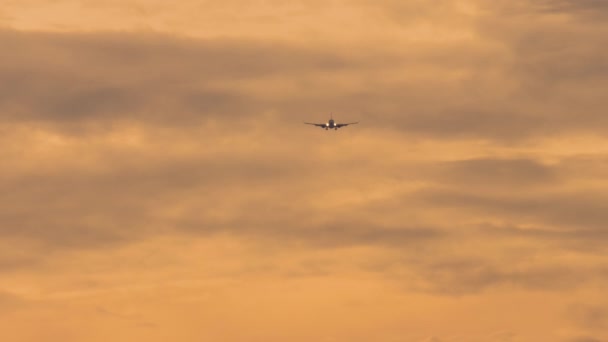 Avión Jet Acercándose Aterrizaje Avión Pasajeros Vuela Cielo Nublado Atardecer — Vídeos de Stock