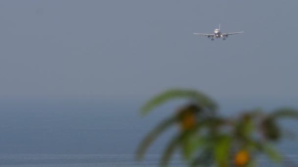 Αεροπλάνο Πλησιάζει Και Προσγειώνεται Στο Νησί Μπλε Θάλασσα Φόντο — Αρχείο Βίντεο