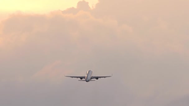 Avión Pasajeros Despegando Pista Atardecer Concepto Turismo Viajes Salida Del — Vídeos de Stock
