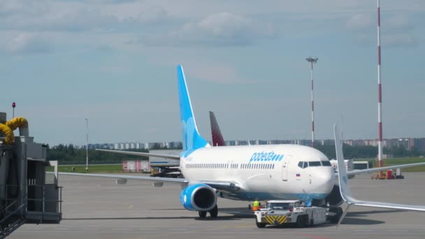 상트페테르부르크 러시아 2022년 26일 트랙터가 포베다의 여객기 737을 택시로 끌어당깁니다 — 비디오