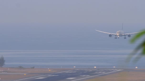 Κινηματογραφική Λήψη Επιβατικού Αεροπλάνου Που Προσγειώνεται Πάνω Από Θάλασσα Αεροσκάφος — Αρχείο Βίντεο