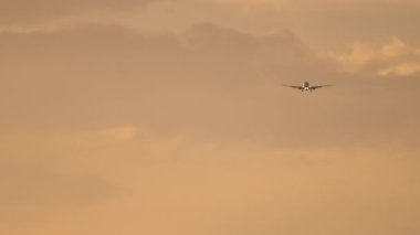 Jet uçağı parlak günbatımında gökyüzüne inmek için yaklaşıyor. Gökyüzünde tanımlanamayan bir uçak var. Sineklerin sinematik çekimi, güzel gün batımı.