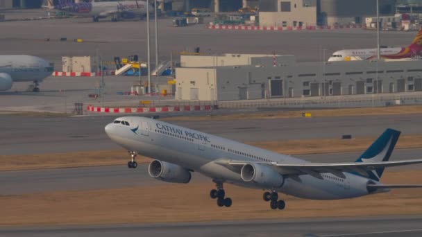 ホンコング ネバー 2019 エアバスA330 342 チェクラップコック空港でキャセイパシフィックのB Hlf サイドビュー 旅客機の出発について — ストック動画