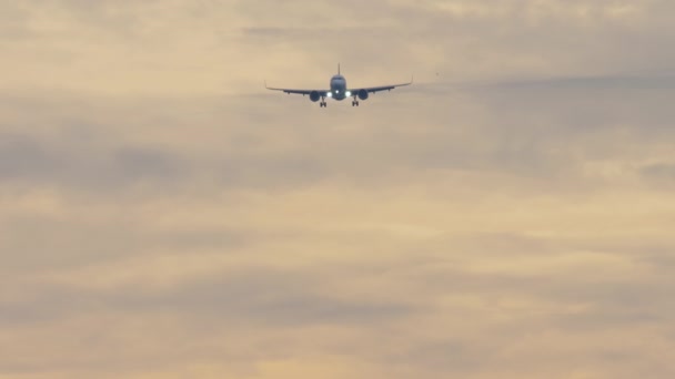 喷气式飞机接近地面 降落在日落的天空中 在天空中飞行的飞机的影像 前景色 旅游和旅行概念 抵达的飞机 — 图库视频影像