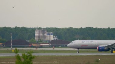 NOVOSIBIRSK, RUSSIAN FEDERATION - 10 Haziran 2020: Side view, Airbus A321, Aeroflot 'un VQ-BTU' su Tolmachevo havaalanı, Novosibirsk 'deki terminale gidiyor. Turizm ve havacılık kavramı