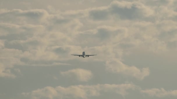 ロングショットリアビュー 離陸後に認識できない肝臓を登るジェット旅客機 バックライトの航空輸送 — ストック動画