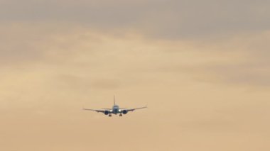 Altın bir günbatımı gökyüzünde bir uçak siluetinin uzun görüntüsü. İniş için yaklaşan bir uçak var.