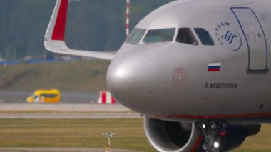 MOSCOW, RUSSIAN FEDERATION - JULY 29, 2021: Airbus A320 of Aeroflot taxiing at Sheremetyevo Airport, Moscow SVO. Tourism and travel concept