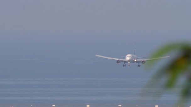 飛行機が海上に着陸した エアライン降下 フロントビュー 旅行と観光コンセプト — ストック動画