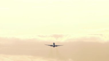 Tanımlanamayan bir üniforması olan bir jet yolcu uçağının arka görüntüsü. Düşük ihtimal, uçak tırmanışı.