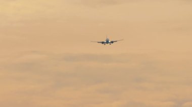 Uçak silueti güzel bir günbatımına inmek üzere. Seyahat kavramı