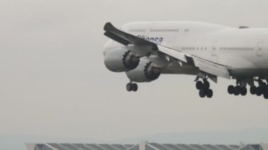 FRANKFURT AM MAIN, ALMANY - 20 Temmuz 2017: Boeing 747-830, Lufthansa iniş D-ABYF, piste dokunuyor ve Frankfurt havaalanında fren yapıyor, yan görüş. Havaalanı, havacılık..