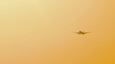Altın gün batımında gökyüzüne iniş yapmak üzere olan bir uçak görüntüsü. Uçak uçuyor. Seyahat Reklam Arkaplanı