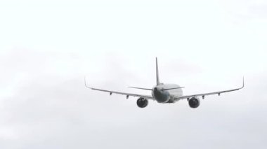 Gökyüzüne yükselen ticari bir jet uçağının arka görüntüsü. Havacılık, kalkış ve küresel seyahat temaları için ideal