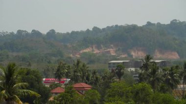 PHUKET, THAILAND - ŞUBAT 05, 2025: Phuket havaalanı üzerinde AirAsia. Palmiye ağaçlarının arka planına karşı uçak. Turizm kavramı ve tropikal ülkelere seyahat