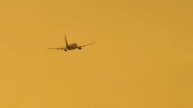 Sıcak renklere karşı uçak silueti çok güzel. Seyahat ve macera. Altın bir günbatımı gökyüzünde irtifa kazanan bir jet uçağının sinematik görüntüleri