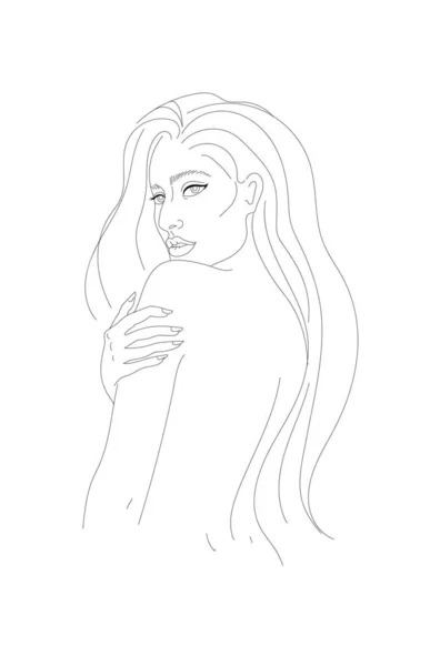 Modern Line Art Vector Illustration Beautiful Woman Long Hair Fashion — Stock Vector