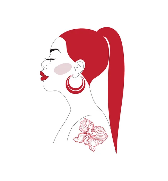 Moderní Linie Art Vektor Ilustrace Krásné Ženy Dlouhými Vlasy Orchidej — Stockový vektor