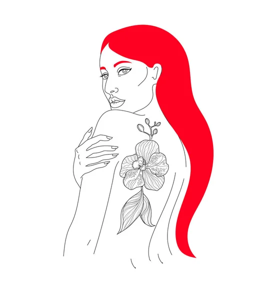 Векторная Иллюстрация Современной Линии Красивой Женщины Длинными Волосами Татуировкой Орхидеи — стоковый вектор