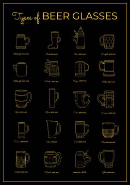 Alkollü bira bardakları ve kupalar. Vektör satırı resim çubuğu poster illüstrasyonu