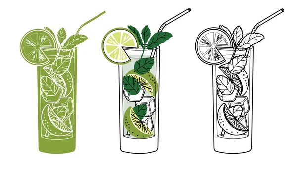 Alcol Bevande Linea Illustrazione Artistica Illustrazione Vettoriale Mojito Cocktail — Vettoriale Stock