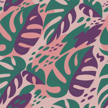 Palmiye yapraklı, kusursuz tropikal çiçek deseni. Vektör illüstrasyonu