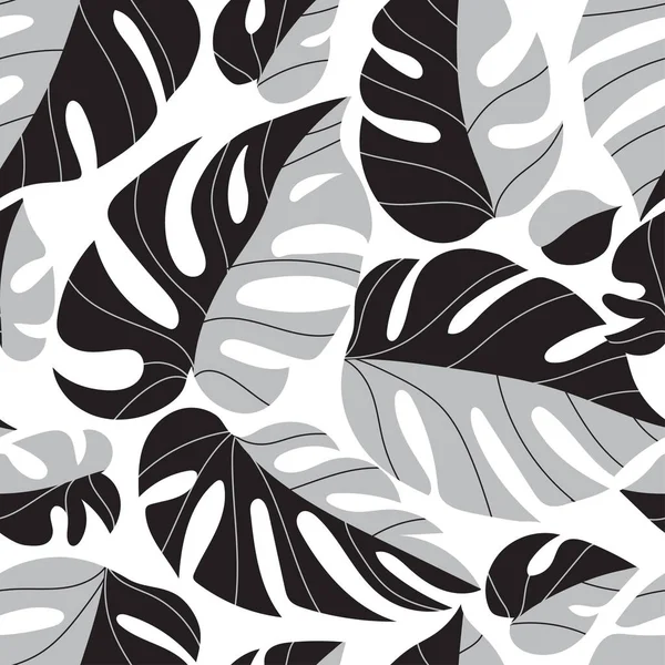 ヤシの葉とシームレスな熱帯の花のパターン ベクターイラスト — ストックベクタ