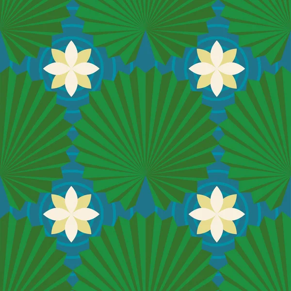 ヤシの葉とシームレスな熱帯の花のパターン ベクターイラスト — ストックベクタ