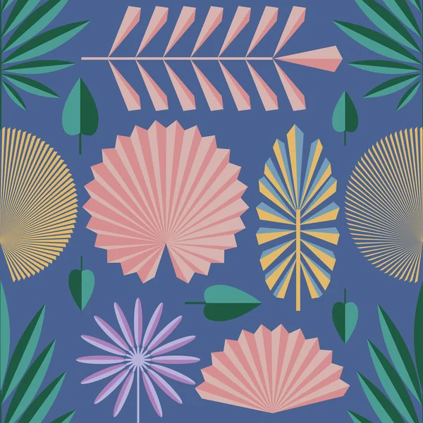 Kusursuz Geometrik Kalın Tropik Çiçek Deseni Palmiye Yaprakları Vektör Illüstrasyonu Stok Vektör