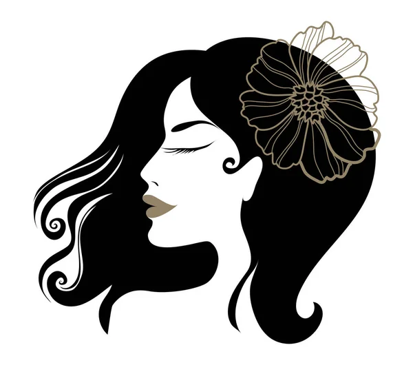 现代线条艺术的矢量插图美丽的女人长头发和兰花纹身 时尚与美 图库矢量图片