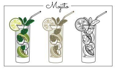 Alkollü içecekler sanat eseri çizimleri. Vektör illüstrasyonu Mojito