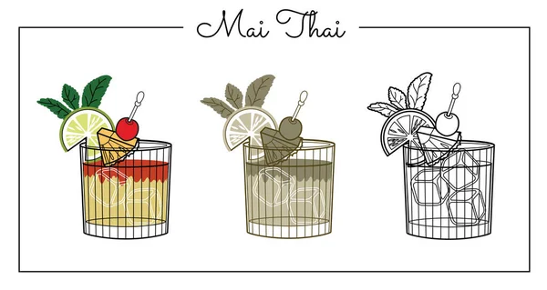 Alcol Bevande Linea Illustrazione Artistica Illustrazione Vettoriale Mai Thai — Vettoriale Stock