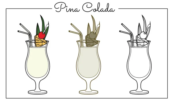 Alcohol Drinkt Lijn Kunst Illustratie Vector Illustratie Pina Colada — Stockvector