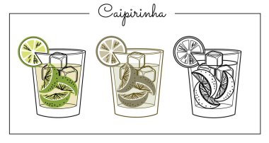 Alkollü içecekler sanat eseri çizimleri. Vektör illüstrasyonu Caipiorinha
