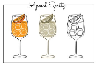 Alkollü içecekler sanat eseri çizimleri. Vektör illüstrasyonu Aperol Spritz