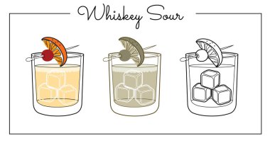 Alkollü içecekler sanat eseri çizimleri. Vektör illüstrasyonu Viski Ekşi