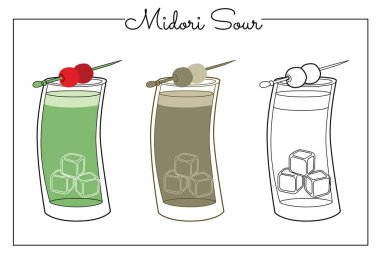 Alkollü içecekler sanat eseri çizimleri. Vektör illüstrasyonu Midori Ekşi