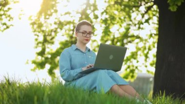 Günbatımında şehir parkında çimlerde oturan laptopta çalışan çekici bir kadın. Dışarıda çalışan serbest çalışan biri.