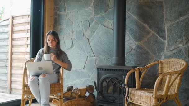 Brunett Kvinna Använder Laptop Medan Sitter Fåtöljen Vardagsrummet Med Mysig — Stockvideo