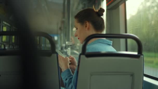 Public Transport Woman Glasses Tram Using Smartphone Chatting Texting Friends — Stok video