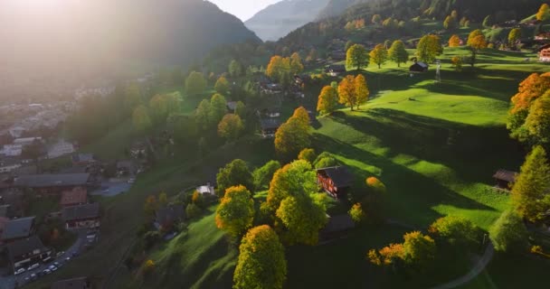 Повітряний Вид Красивої Швейцарської Природи Села Гріндельвальд Швейцарії Захід Сонця — стокове відео