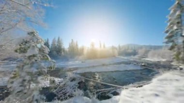 Karla kaplı bir ormanla çevrili bir dağ nehri boyunca uçmak. Soğuk ve güneşli bir günde peri kışı dağ manzarası. Tatra Dağları, Zakopane, Polonya. FPV Drone 'da çekiliyor