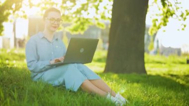 Günbatımında şehir parkında çimlerde oturan laptopta çalışan çekici bir kadın. Dışarıda çalışan serbest çalışan biri.