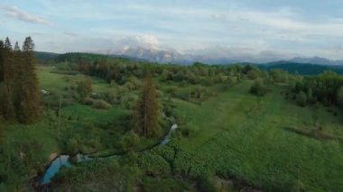 Aerial view of a summer mountain landscape with rocky peaks on the background. Tatra Mountains, Poland
