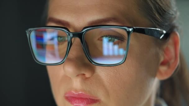 Gözlüklü Kadın Monitöre Bakıyor Çizelgeler Analizlerle Çalışıyor Monitör Ekranı Gözlüklere — Stok video