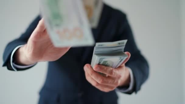 Formally Dressed Man Makes Money Rain Dollar Bills Slow Motion — Vídeo de Stock