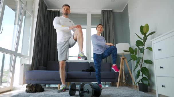 Caucasian Couple Doing Cardio Training Home Cozy Bright Room Slow — Stockvideo