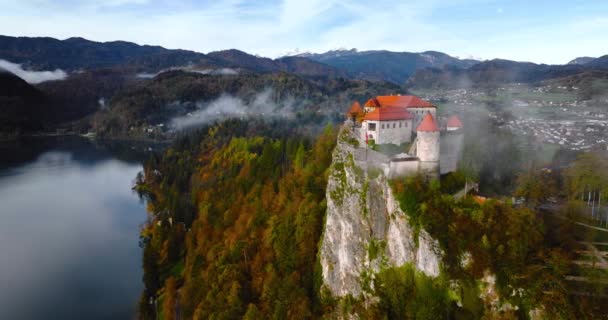 Blejski Grad Nın Havadan Görünüşü Slovenya Nın Upper Carniola Kentindeki — Stok video