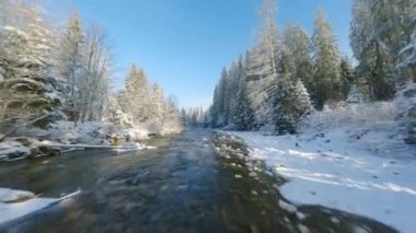 Fast flight along a mountain river surrounded by a snow-covered forest. Fairy winter mountain landscape on a frosty sunny day. Tatra Mountains, Zakopane, Poland. Filmed on FPV Drone